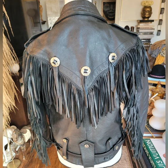 Veducci Vintage Edgy Black Leather Fringe Western Jacket - Picture 4 of 7